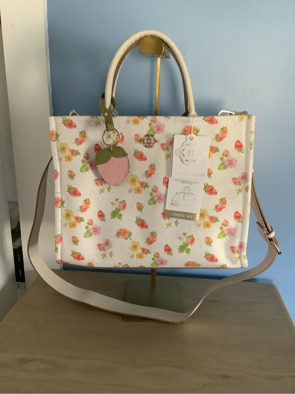 New Nanette Lepore Elle Cream Floral & Strawberry Print Tote w/ Detachable Strap